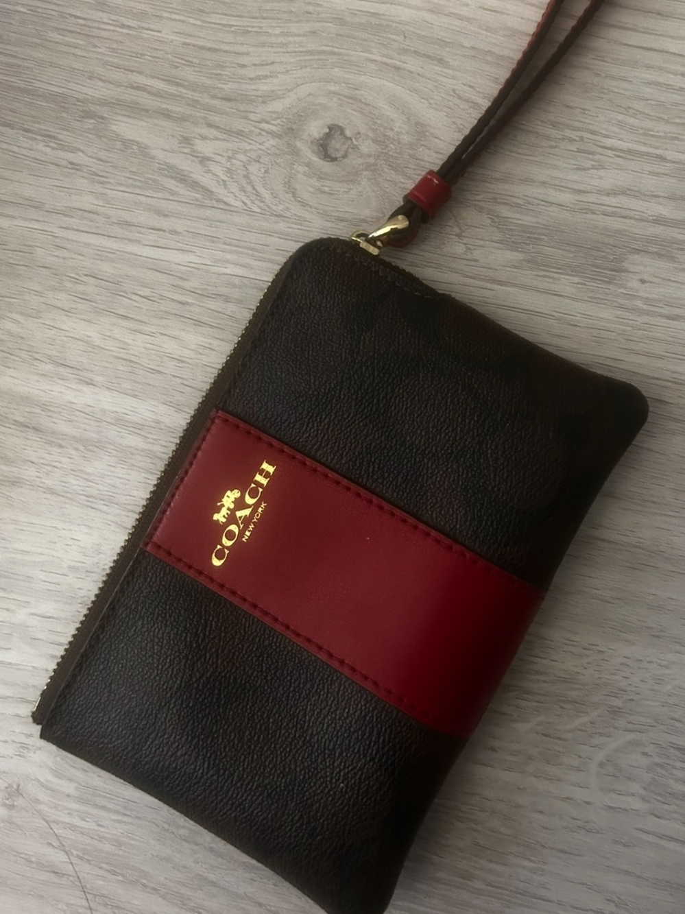 Coach Brown Monogram Red Stripe Wristlet